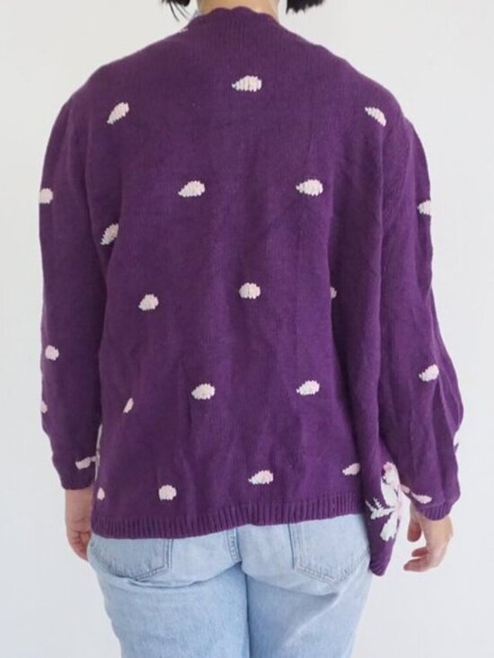 Vintage Maggie Lawrence Purple Polka Dot Floral Embroidered Knit Cardigan M - Picture 2 of 9